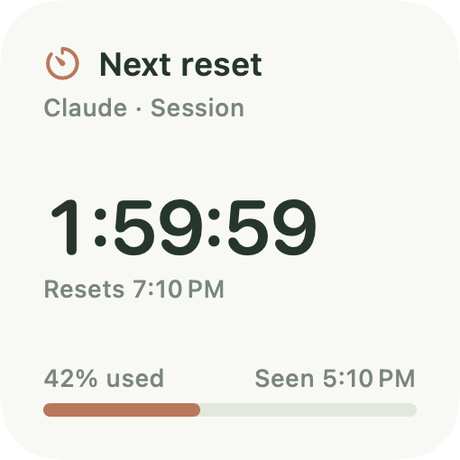 Next reset widget: a 1:59:59 countdown to the Claude session reset, with 42% used